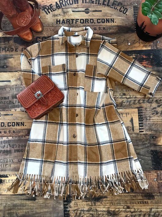 Long Plaid Shacket with tassels