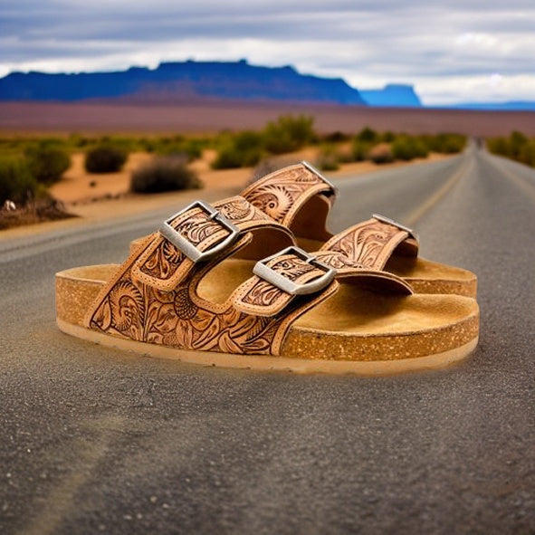 Hand-Tooled and Cowhide Sandals