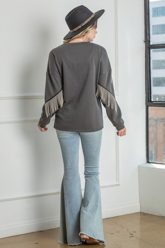 Charcoal Pullover With Sleeve Tassel