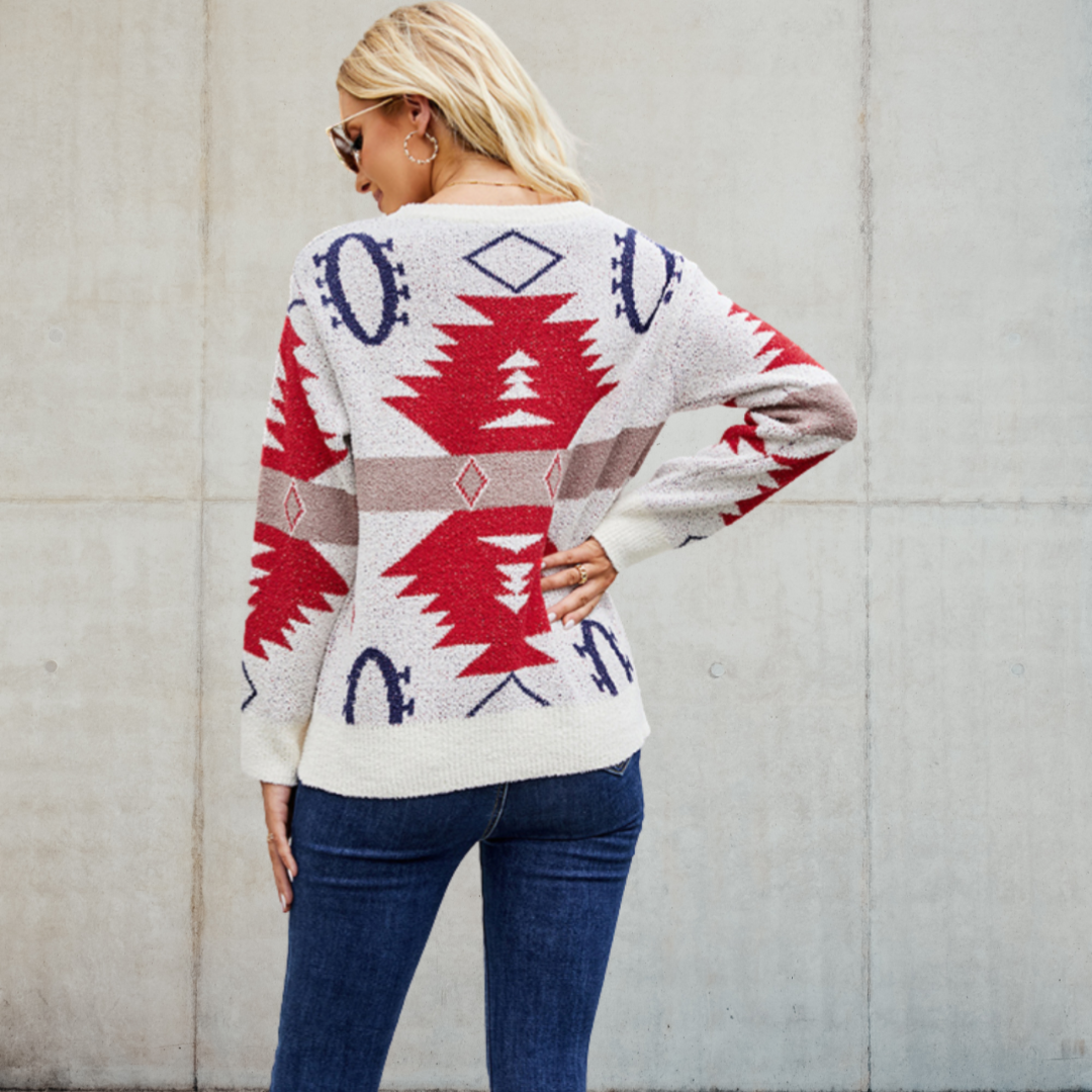 Crew Neck Geometric Contrast Sweater